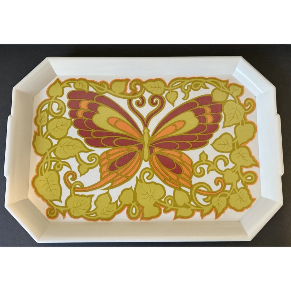 1960s 1970s butterfly serving tray boho harvest gold green purple retro plastic